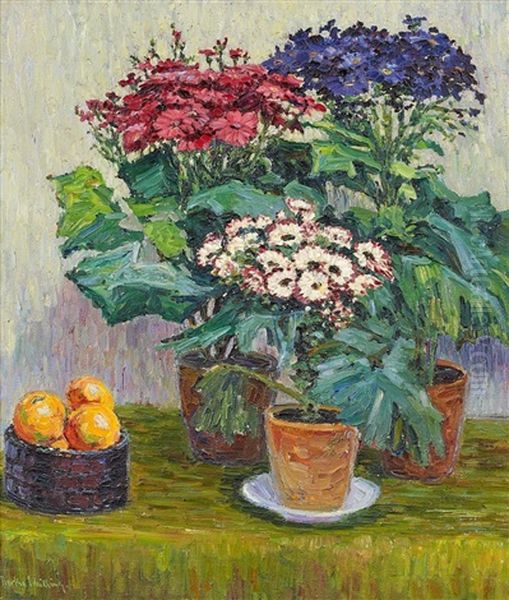 Stilleben Mit Topfblumen Und Apfeln Auf Einem Tisch - view 1