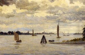 Flusslandschaft Mit Zahlreichen Booten An Einem Dunstigen Tag by Leendert Adriaan Schilt