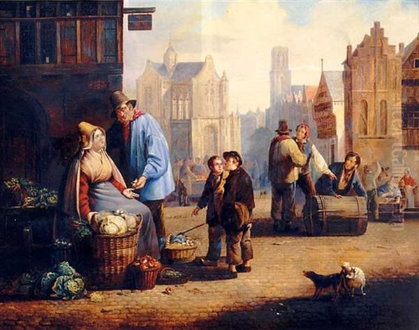 A Vegetable Seller At A Market In A City Centre, Children Playing Nearby - view 1
