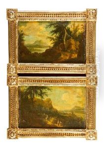 Pair Of Landscape With People, River And A Town by Maximilian Joseph Schinagl