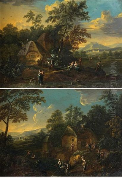 Paysages De Riviere Avec Des Lavandieres Au Soleil Couchant (pair) - view 1
