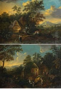 Paysages De Riviere Avec Des Lavandieres Au Soleil Couchant (pair) thumbnail