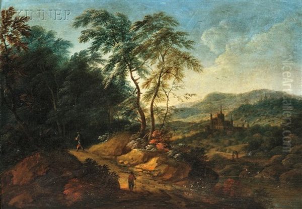 Landscape With Travelers On A Dirt Road And Distant Castle - view 1