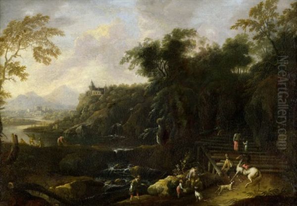 Gebirgige Flusslandschaft Mit Angler Und Weiteren Figuren - view 1