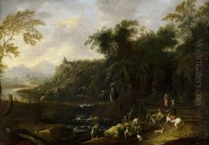 Gebirgige Flusslandschaft Mit Angler Und Weiteren Figuren by Maximilian Joseph Schinagl