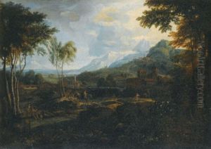 An Extensive Mountainous Landscape With Buildings, Riders And Other Figures