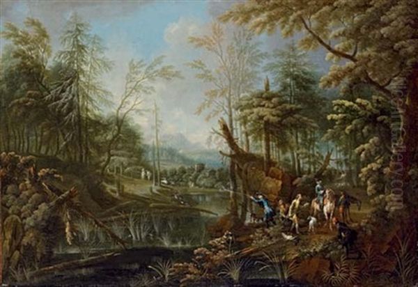 A Duck Shoot In A Wooded Landscape, Mountains Beyond - view 1
