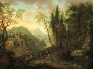 Bewaldete Flusslandschaft Mit Ruinen Und Figuren by Maximilian Joseph Schinagl