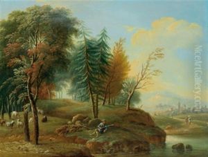 Bewaldete Flusslandschaft Mit Hirt Und Herde (+ Bewaldete Landschaft Mit Rastenden An Einem Bach; Pair) by Maximilian Joseph Schinagl