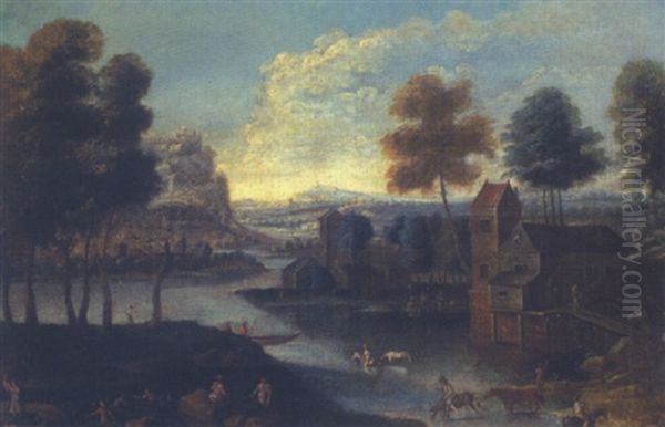 Weite Flusslandschaft Mit Muhle Und Staffagefiguren - view 1