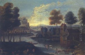 Weite Flusslandschaft Mit Muhle Und Staffagefiguren by Maximilian Joseph Schinagl