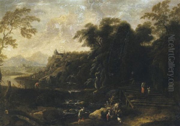 Gebirgige Fluslandschaft Mit Figuren - view 1