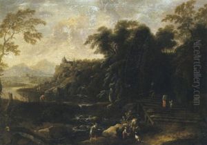 Gebirgige Fluslandschaft Mit Figuren by Maximilian Joseph Schinagl