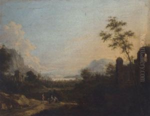 A Mountainous River Landscape With Figures On A Path By Classical Ruins by Maximilian Joseph Schinagl