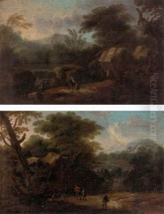 A Wooded Landscape With Figures Fishing By A Waterfall