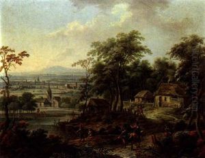 Weite, Bewaldete Landschaft Mit Einem Dorf Und Figuren An Einem Teich