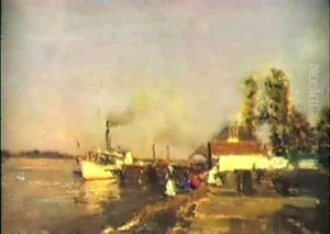 Dampfschiffstation An Der Donau Bei Kaisermuhlen by Emil Jacob Schindler