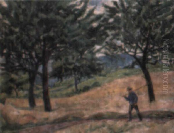 Figure Carrying A Scythe In A Summer Landscape - view 1