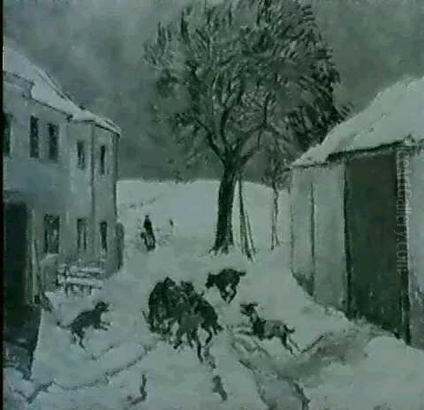 Winterlandschaft Mit Raufenden Hunden - view 1