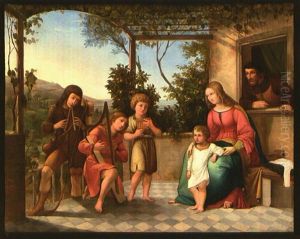 Heilige Familie Mit Musizierenden Hirten Auf Einer Veranda In Sudlicher Landschaft, Umgeben Von Wein Und Orangenbaumen