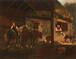 Zwei Pferde Mit Jungem Reiter Vor Bauernhaus (after Conrad Gessner) by Johann Caspar Schinz