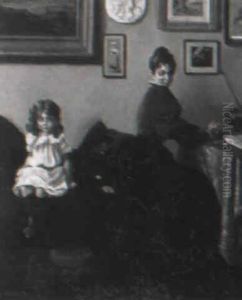 Interior, Moder Og Lille Pige Siddende I En Sofa by Harald Valdemar Schiodte