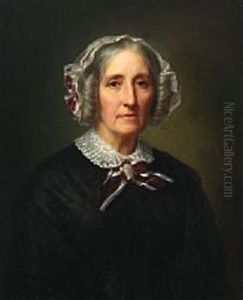 Portrait Of Elderly Woman Dressed In Black With Purple Bonnet And Ribbon