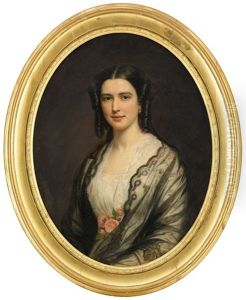 Portratt Forestallande Maria Berregaard, Kladd I Vit Spetsklanning Med Svart Spetssjal Och Rosa Rosor - Midjebild