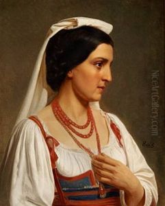 A Young Italian Woman With A Long Coral Necklace by August Heinrich Georg Schiott