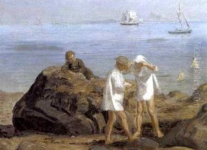 Badende Drenge En Sommerdag Ved Alsgarde I Nordsjaelland Med Udsigt Over Oresund Mod Sverige