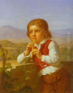 Portraet Af Lille Sydlandsk Dreng Der Spiller Flotje, I Baggrunden Bjerge by August Heinrich Georg Schiott