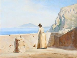 Italian Coastal Scene With A Woman Gazing Towards Mount Vesuvius