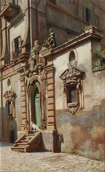A Boy And His Dog On A Staircase In Rome - view 1