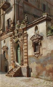 A Boy And His Dog On A Staircase In Rome