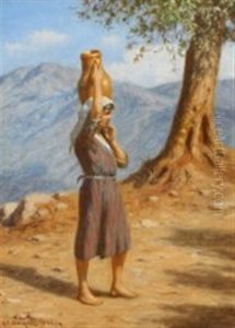 An Italian Woman Carrying Water, In The Distance Mountains by Niels Frederik Schiottz-Jensen