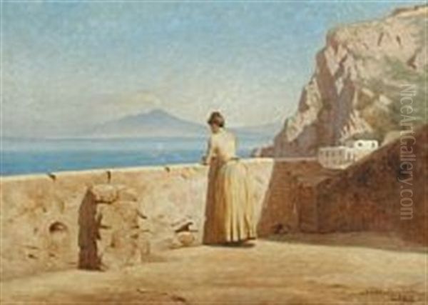 Woman On A Terrace Looking At Vesuvius In The Background - view 1