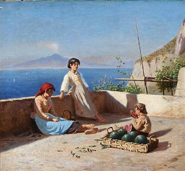 View Of Capri With Children Eating Fruit On A Terrace. In The Distance Mount Vesuvius - view 1