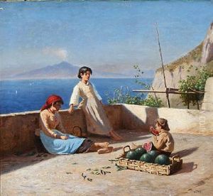 View Of Capri With Children Eating Fruit On A Terrace. In The Distance Mount Vesuvius by Niels Frederik Schiottz-Jensen