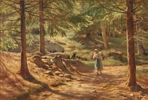 Forest Scene With A Woman Gathering Firewood by Niels Frederik Schiottz-Jensen