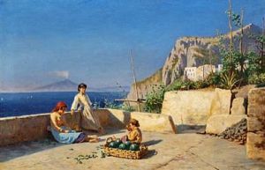 View Of Capri With Children Eating Fruit On A Terrace. In The Distance Mount Vesuvius by Niels Frederik Schiottz-Jensen