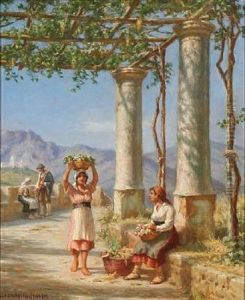 A Pergola With Italian Women, In The Background A Town And Mountains