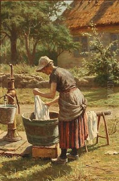 A Woman Washes Clothes In Front Of A Farmhouse - view 1