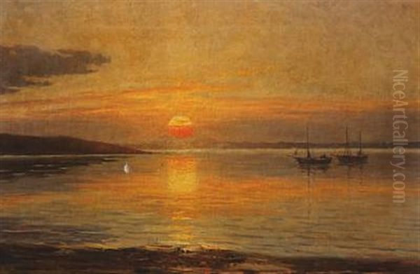 Two Small Ships Lying At Anchor In A Bay In The Sunset Glow - view 1