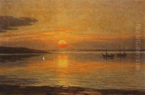 Two Small Ships Lying At Anchor In A Bay In The Sunset Glow by Niels Frederik Schiottz-Jensen