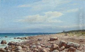 Danish Coast On A Sunny Summer Day With Ships At Sea by Niels Frederik Schiottz-Jensen