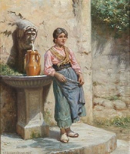An Italian Woman By A Fountain - view 1