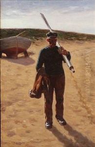 A Fisherman At Lonstrup Beach by Niels Frederik Schiottz-Jensen