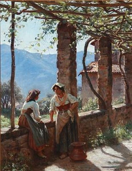Pergola With Two Italian Women In Conversation, Mountainous Landscape In The Background - view 1