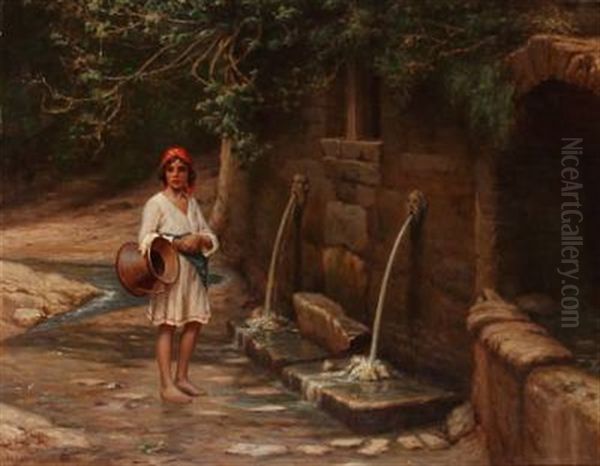 An Italian Woman Collecting Water From A Fountain - view 1