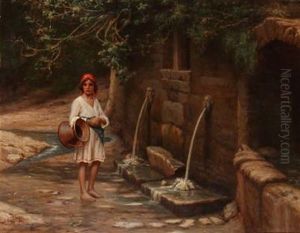 An Italian Woman Collecting Water From A Fountain